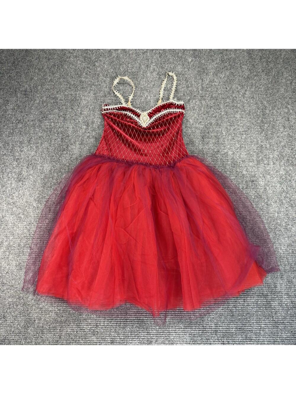 Girls Red Princess Dress Fishnet Bodice Tulle Skirt Beaded Trim Costume